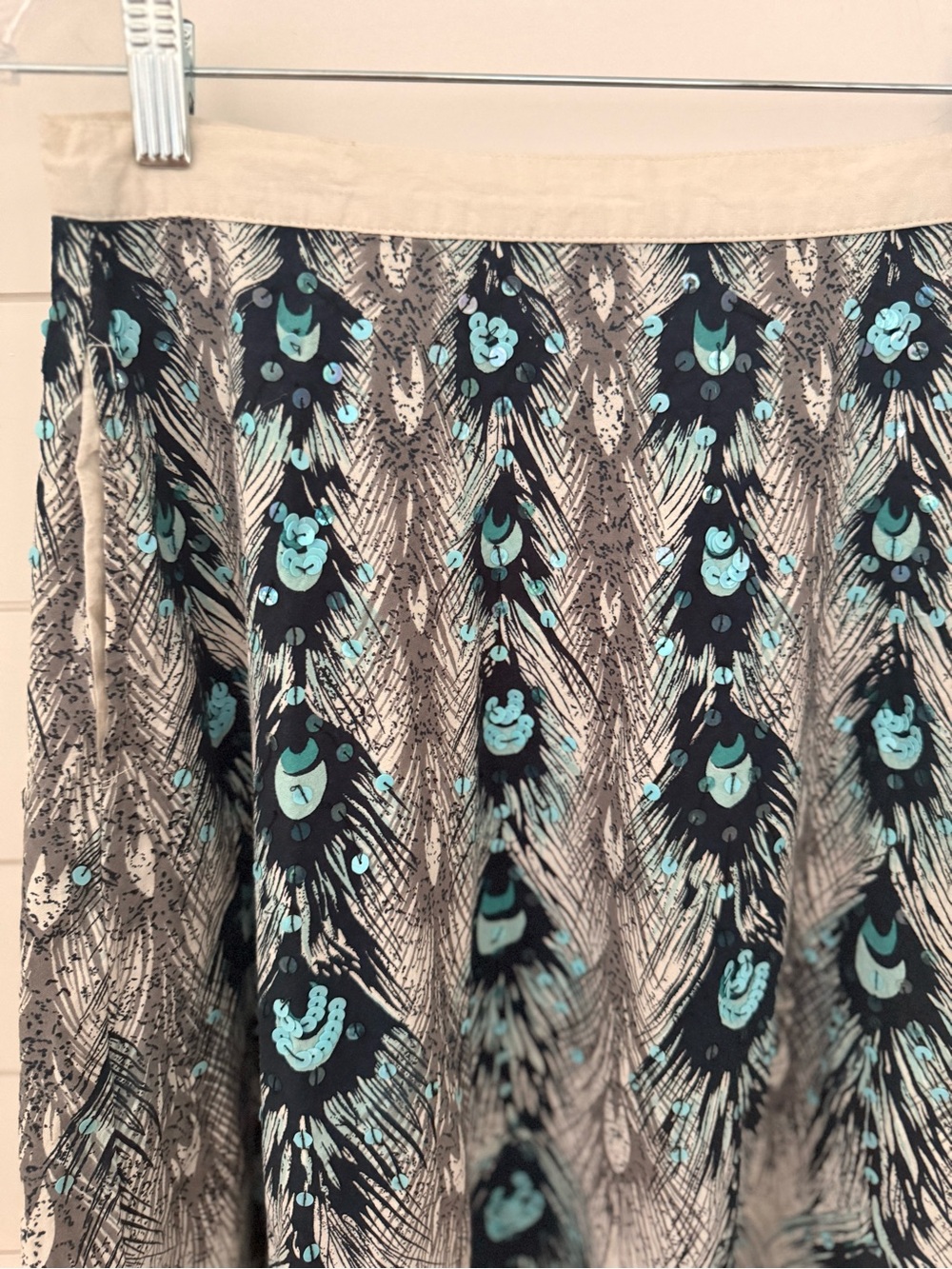 Vintage Bernardo Peacock Feather Skirt Sequins Block Print Coastal Chic size 12 - Picture 3 of 8
